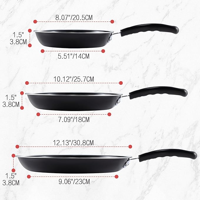 Nonstick Frying Pan Set - Iron Frying Pan 3-Piece Set (8", 10", 12") + 2 Silicone Spatulas, With Premium Nonstick Coating, Up to 450째F, Skillet Suitable for Induction, Gas & More