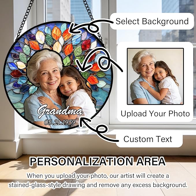 Personalized Grandma Stained Glass Window Hanging - Custom Photo Gifts Memorial Ornaments Sun Catcher, Mother's Day Christmas Birthday Gift for Nana Grandparents Mom Mother in Law Women Lovers Dad