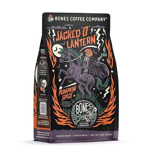 Bones Coffee Company Jacked 'O' Lantern, Pumpkin Spice Flavored Coffee, Medium Roast Low Acid Arabica Beans Compatible with Auto drip and French Press Coffee Maker, 12 Oz Whole Bean