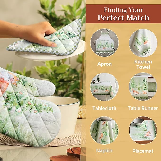 Maison d' Hermine 100% Cotton Oven Mitt & Pot Holder Set (7.5"x13" & 8"x8") Heat Resistant BBQ Cooking Gloves with Loop for Thanksgiving Christmas Decorations Handling Hot Pans (Winter Mornings)