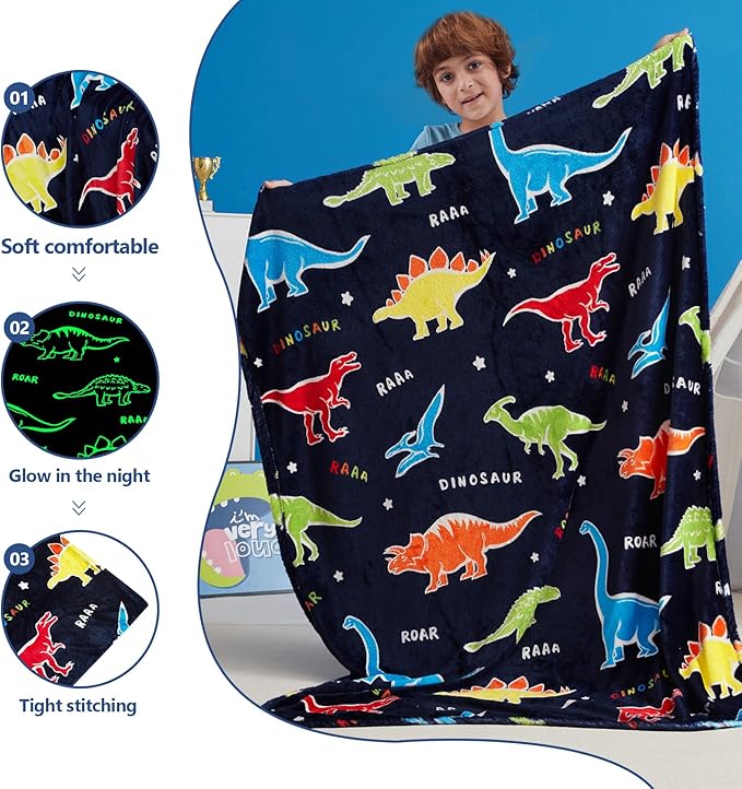 QSTEHEML Dinosaur Glow in The Dark Blanket,Dinosaur Gifts Toys for Boys Age 3 4 5 6 7 8 9 10 11 12 Year Old, Soft Throw Blanket for Kids Boys- Christmas Birthday Bedroom Decor 50"횞60"