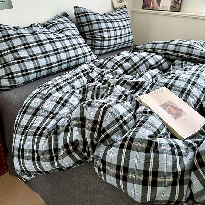 LifeTB 3 Pieces Plaid Comforter Set Full Size, Soft Fluffy Vintage Plaid Checkered Comforter with 2 Pillowcases, Lightweight Breathable Grey Black Gingham Bedding Comforter Farmhouse Grid Bedding Set