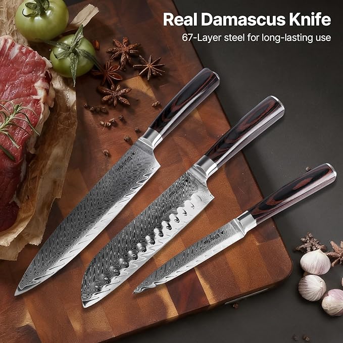 Damascus Knife Set, 3PCS High Carbon Professional Japanese Knives with Ergonomic Handle,VG10 Steel Core Chef Knife Set for Gift for Mom Dad
