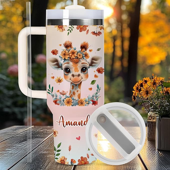 AGGLOMEKC Personalized Cute Giraffes Cup - Mother's Day Birthday Gift For Animal Lovers - Just A Girl Who Loves Giraffes Tumbler 40oz With Custom Name - Pet Lover Gifts For Women, Her