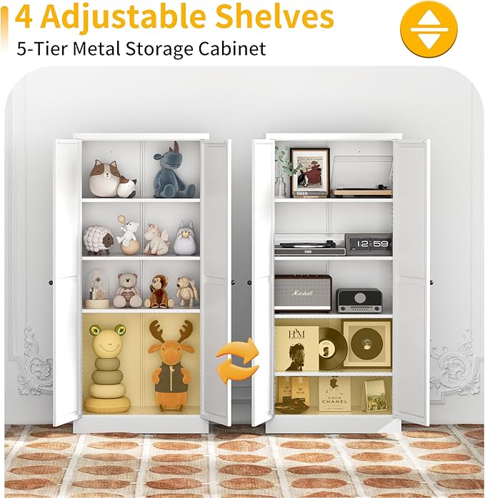 Metal Pantry Cabinet, Kitchen Pantry Storage Cabinets with 2 Door and 4 Adjustable Shelves, Utility Metal Storage Cabinet for Home, Living Room, Pantry (White)