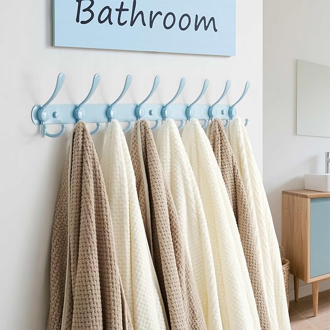 Dseap Coat Rack Wall Mount - 29.5??Long 8-Tri-Hooks Heavy Duty Coat Hanger Rail Wall Hooks for Hanging Coats Hats Clothing Clothes Purse Mudroom Entryway, Blue, Pack of 2