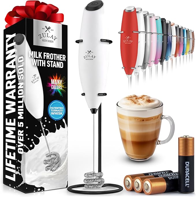 Zulay Kitchen Patented Tornado Triple Whisk Milk Frother with 4 Duracell Batteries ??Handheld Foam Maker for Coffee, Lattes, Matcha & Hot Chocolate ??Rich, Creamy Froth in Seconds