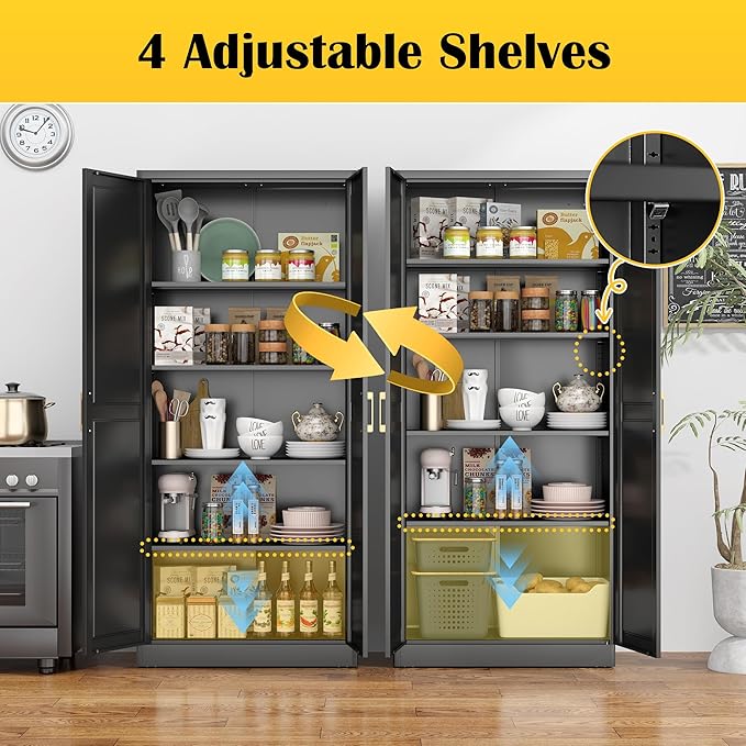 Kitchen Pantry Cabinet,71?쒫lack Metal Pantry Storage Cabinet with Doors and 4 Adjustable Shelves,Kitchen Cabinet with 2 Gold Handles,Tall Cabinet for Livingroom,Pantry, Bathroom