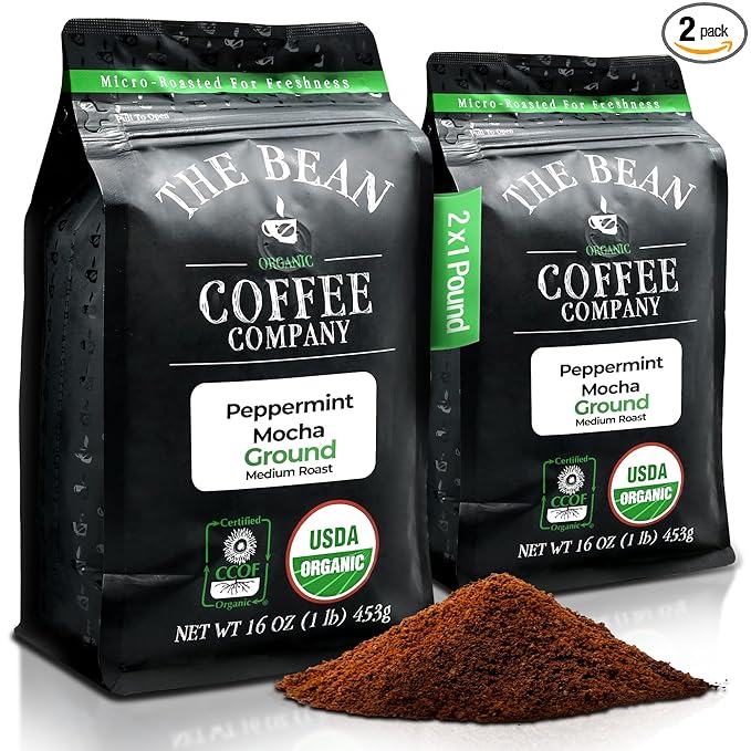 The Bean Organic Coffee Company Peppermint Mocha, Medium Roast, Ground Coffee, 16-Ounce Bags (Pack of 2), Caf챕 molido tostado org찼nico