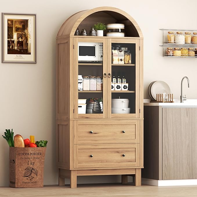 Arched Cabinet with Glass Doors, 71" Tall Freestanding Pantry Cabinet with 2 Large Drawers and Adjustable Shelf, Farmhouse Wood Storage Cabinets, Versatile Cupboard for Kitchen, Dining Room, Natural