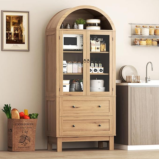 Arched Cabinet with Glass Doors, 71" Tall Freestanding Pantry Cabinet with 2 Large Drawers and Adjustable Shelf, Farmhouse Wood Storage Cabinets, Versatile Cupboard for Kitchen, Dining Room, Natural