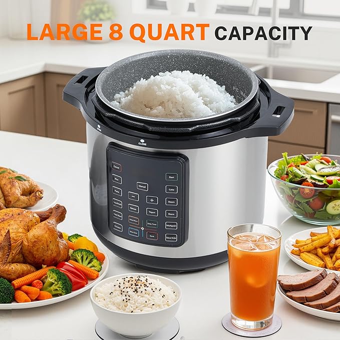 Simple Deluxe 8QT 16-in-1 Multi Electric Pressure Cooker, Non-Stick Stainless Steel Multi-Cooker for Yogurt Maker, Slow Cook, Sauté, Cake, & Warmer, 8 Quarts