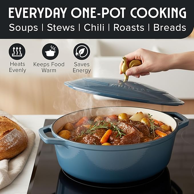 MUELLER HOME 5.5 Quart Enameled Cast Iron Oval Dutch Oven w Rooster Knob & Cotton Potholders, Heavy-Duty Cookware, Oven-Safe up to 500째 F & Across All Cooktops, Gifts for Grandma & Women, Mineral Blue