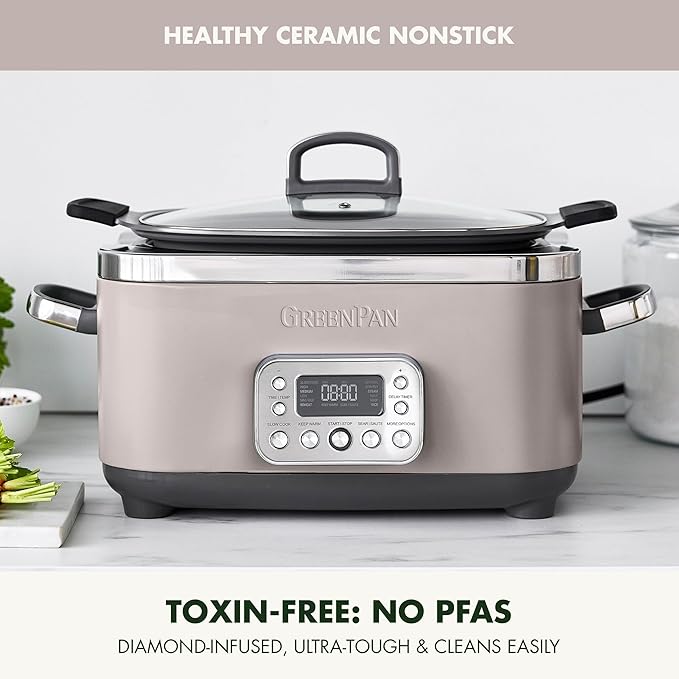GreenPan Elite 14-in-1 Programmable 6QT Electric Slow Cooker, Dishwasher Safe Lid & Removable Crock, PFAS-Free Healthy Ceramic Nonstick Multi-Cooker, Sear, Saut챕, Brown, Steam Basket, Roast, Clay