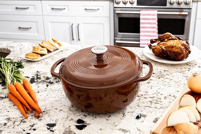 Lodge 6 Quart Enameled Cast Iron Dutch Oven with Lid ??Dual Handles ??Oven Safe up to 500째 F or on Stovetop - Use to Marinate, Cook, Bake, Refrigerate and Serve ??Burnt Sienna