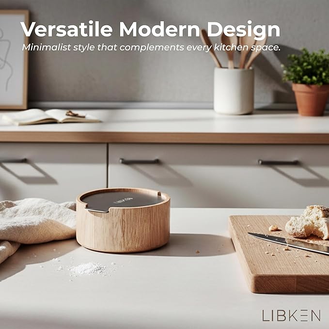 Wooden Salt Box with Stainless Steel Lid & Spoon ??Rubberwood Keeper to avoid Dust, Minimal Scandinavian Bowl for Pepper, Spices, Herbs and Salt Storage Container - Wooden