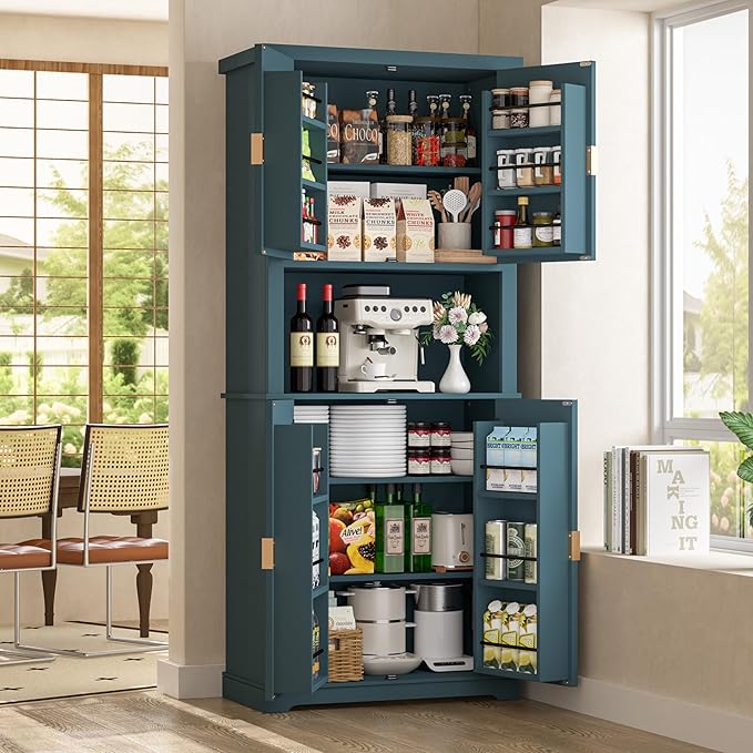 BlueWish 72" Pantry Cabinet with Cable Management Hole, Tall Kitchen Pantry Storage Cabinet with Microwave Stand, Kitchen Cupboard Fluted Buffet Sideboard Hutch for Living Room, Dining Room