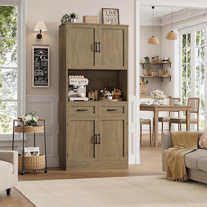 HOSTACK 71??Tall Kitchen Pantry Storage Cabinet, Modern Kitchen Hutch Bar Cabinet with Microwave Stand, Wood Buffet Sideboard with Hutch, Cupboard with Drawers, Shelves for Dining Room, Rustic Brown