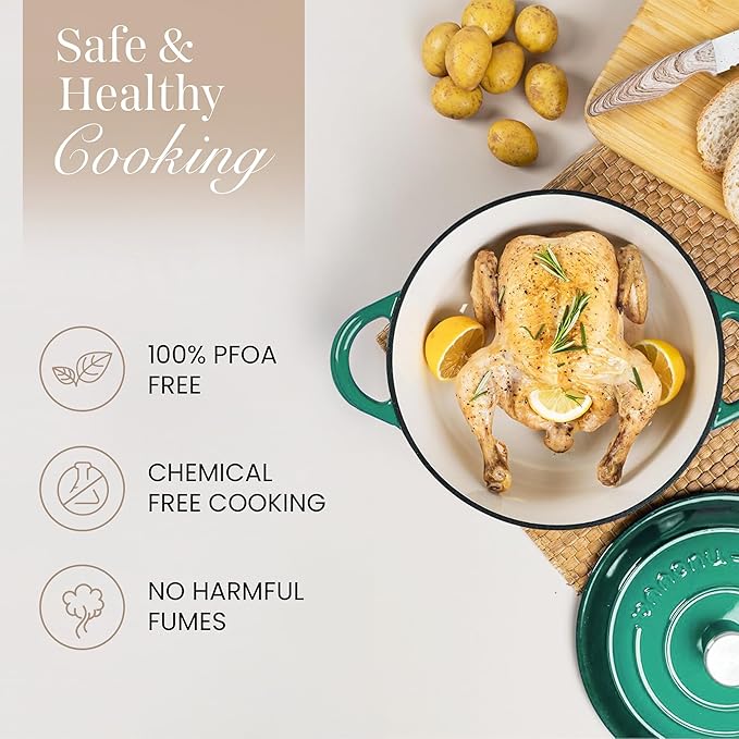 Nuovva Enamelled Cast Iron Dutch Oven Pot with Lid ??6.4 Quart Non Stick Casserole Pot ??Heavy Duty & Oven Safe up to 500째 F for Bread Baking, Braising, Stews, Roasting ??28cm Dark Green