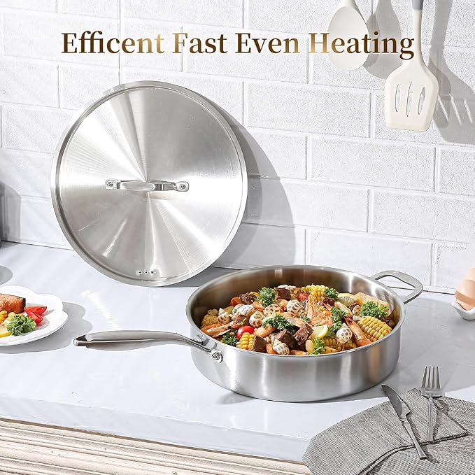DELARLO 7QT Saute Pan Jumbo Cooker Tri-Ply Stainless Steel Pan, 12Inch Deep Frying Pan with Steel cover, Kitchen Large Skillet,Heavy Duty Style Compatible With All Cooktops Up to 650℉