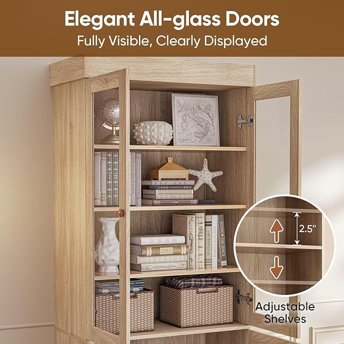 71" Farmhouse Bookcase with Glass Doors & Drawers, Tall Wooden Storage Cabinet with Adjustable Shelves for Living Room, Kitchen, Home Office, Dining Room ??Rustic Brown, Set of 4