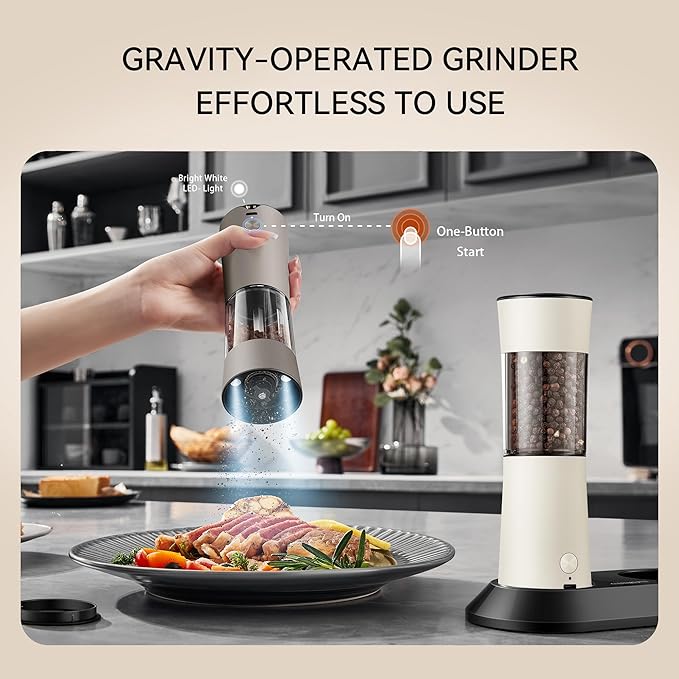 Electric Salt and Pepper Grinder Set ??Rechargeable Pepper Mill with USB-C Charging Base, Dual LED Light, Automatic One-Handed Mill for Kitchen & Cooking, Cream Brown Design, 2 Pack
