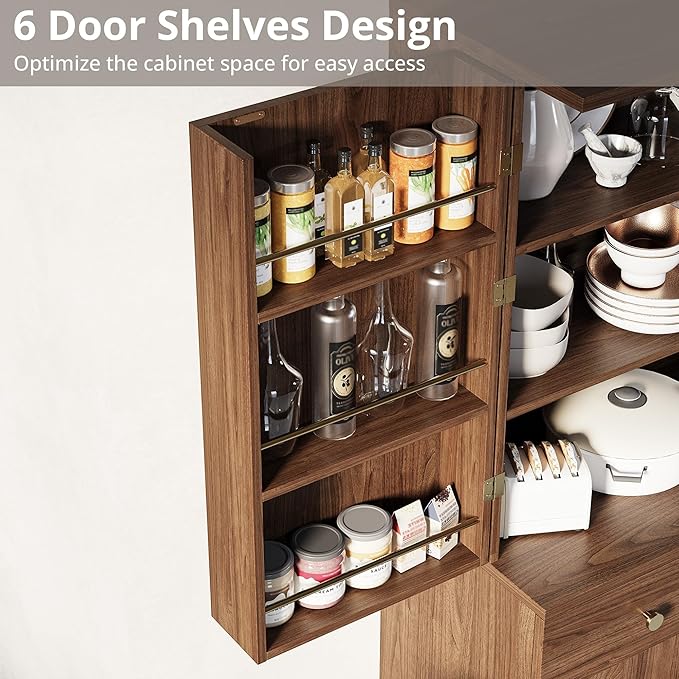 IRONCK Farmhouse Kitchen Pantry Cabinet, 72" Tall Pantry Cabinets with 2 Pull Doors and Drawer Organizing Board Storage for Home Kitchen Dining Room, Walnut Brown