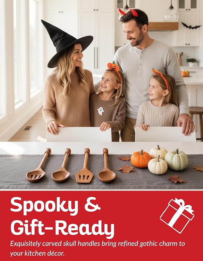 Acacia Wood Cooking Utensil Set with Skull Handles ??4-Piece FSC Certified Acacia Wood Kitchen Tools, Eco-Friendly Nonstick Safe Cooking Utensils (Spatula, Spoon, Slotted Turner, Slotted Spoon)