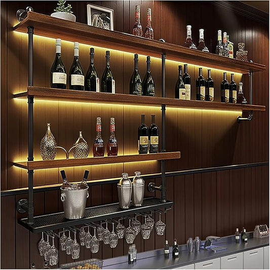 51.1in Large Wine Rack with LED Light, 4 Tiers Solid Wood Wall Mounted Wine Rack, Industrial Liquor Bottles Floating Shelves with Glass Holder for Home Bar/Dining Room (51.1in/130cm)