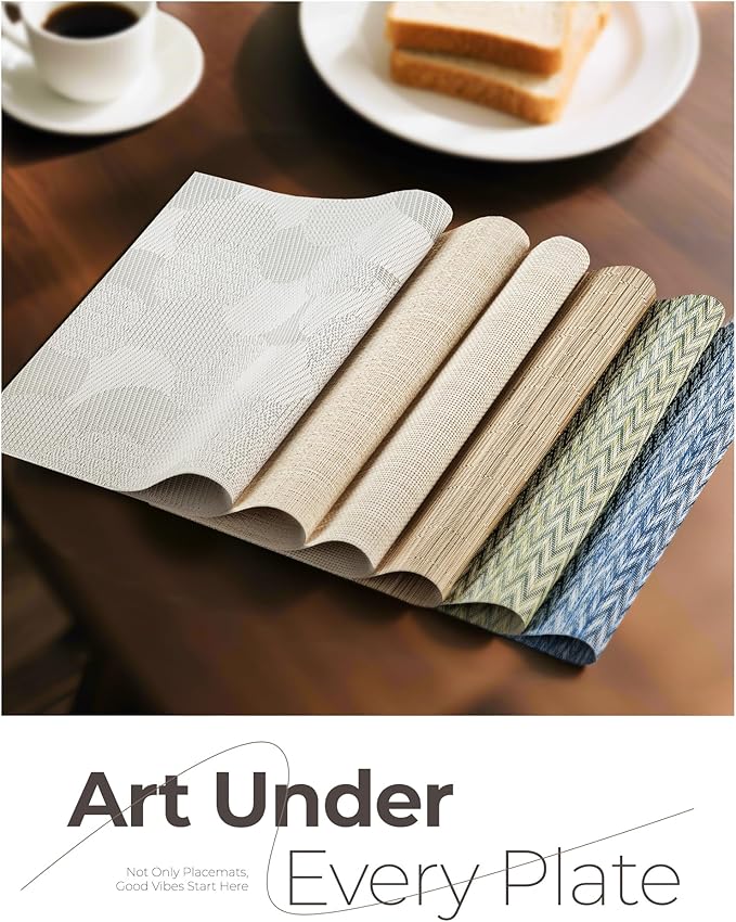 Leetaltree Beige White Placemats Set of 8 - Heat Resistant Non-Slip Place mats for Dining Table, Washable Durable PVC Vinyl Woven Table Mats(Beige White, 8)