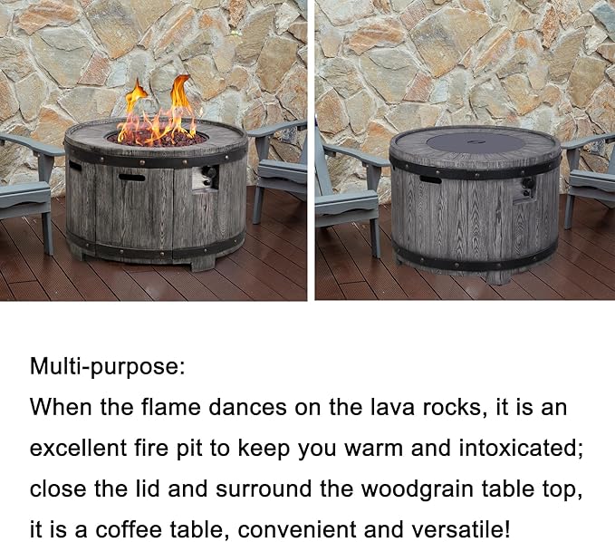 Afterglow Outdoor 36" Round TerraFdab Propane Fire Pit Table for Outside Patio Backyard Garden, Firepit Table with Weather Cover and Lava Rocks(Gas Tank not Included)竊?0000 BTU, Wood Look(Grey)