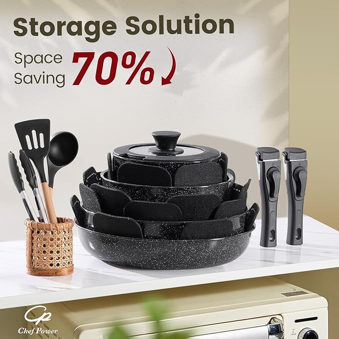 Chef Power Ceramic Nonstick Cookware Set 19 Piece with Detachable Handle, Induction Dishwasher Oven Safe Pans and Pots Set, RV Kitchen Set Removable Handle, Rock Stone Black