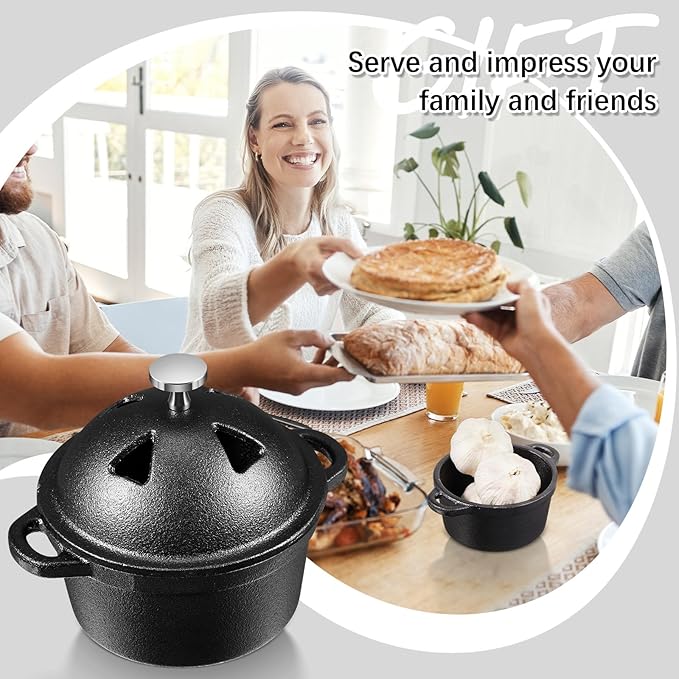 2 Pcs Garlic Roaster Baker Cast Iron Dutch Oven Pre-seasoned Cast Iron Pot 8 oz Mini Cocotte with Lid and Handle Small Black Potato Garlic Baker for Oven BBQ Grill Kitchen Outdoor