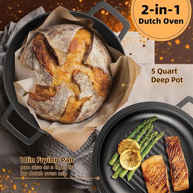 Cast Iron Dutch Oven Pot with Skillet Lid ??Pre-Seasoned ??Skillet Lid Cooking Pan??PFAS-Free ?밬mite Chef Cast Iron Skillet Cookware for Bread, Frying, Baking ??Dual Handles ??Oven, Grill, Campfire & Stovetop Safe ??Durable & Non-Toxic, 5QT