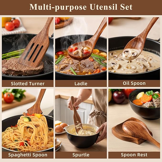 Wooden Spoons for Cooking, 12 Pcs Nonstick Wooden Cooking Utensils Set with Comfort Grip ??100% Natural Teak Wood - Sturdy, Lightweight & Heat Resistant Kitchen Utensils