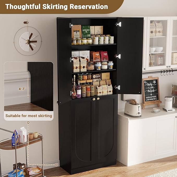 Cyclysio 80" Kitchen Pantry, Extra Tall Arch Storage Cabinet with 4 Doors and Adjustable Shelves, Freestanding Wood Cupboard with Seamless Fit Wall for Dining Living Room Bathroom Furniture (Black)