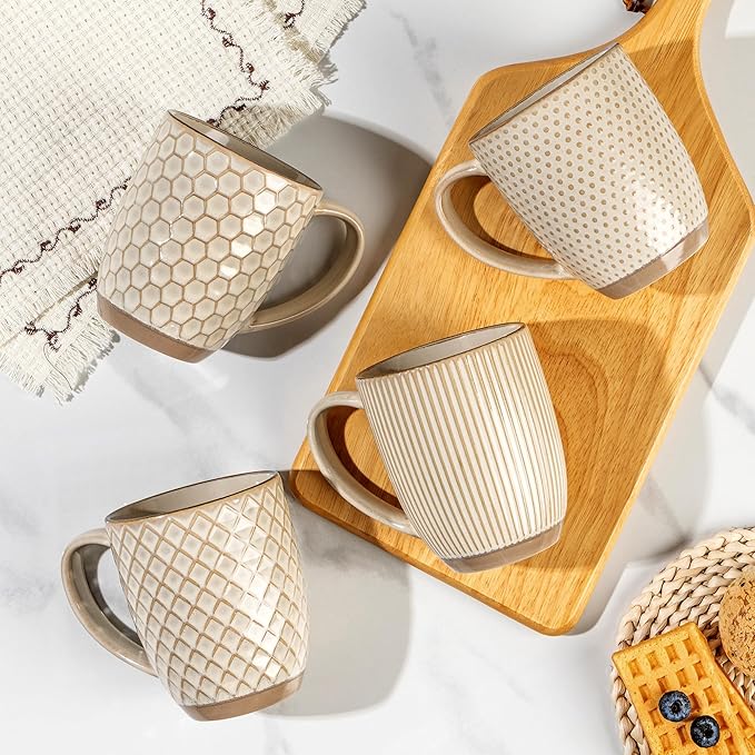 GBhome Large Coffee Mugs Set of 6, 16oz Handmade Embossed Coffee Mugs Set with Large Handle for Cappuccino/Latte/Tea/Hot Cocoa, Dishwasher & Microwave Safe, Khaki
