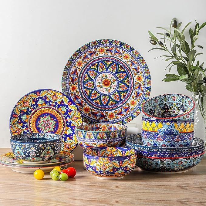 glowworm Cereal Bowls Set of 6, 26 Oz Ceramic Soup Bowls for Kitchen, Colorful Cereal Bowls for Rice, Oatmeal, Fruit, Ice Cream, Dessert, Dishwasher & Microwave safe, Bohemian