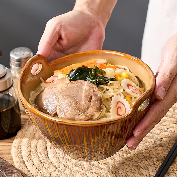 Ramen Bowl with Chopsticks and Spoons Set, 7 Inch Ceramic Noodle Bowl Set of 2, Dishwasher Safe for Pho Udon Soba Noodle Salad Pasta, Special Reactive Glazed Brown Bowls Set
