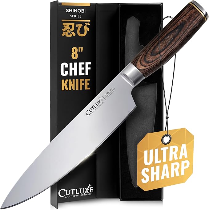 Cutluxe Chef Knife ??Ultra Sharp 8" Japanese Kitchen Knife, High Carbon Stainless Steel Blade, Full Tang Pakkawood Handle ??Shinobi Series