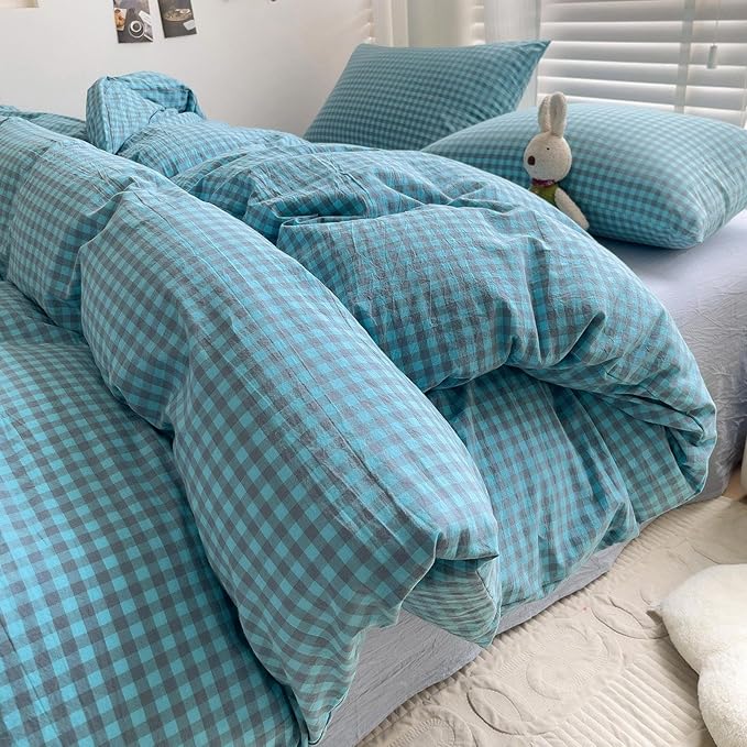 LifeTB Queen Comforter Set Blue Grey Gingham Comforter with 2 Pillowcases Modern Style Geometric Plaid Grid Comforter Farmhouse Gingham Bedding Set 3 Pieces Fluffy Checkered Comforter Set