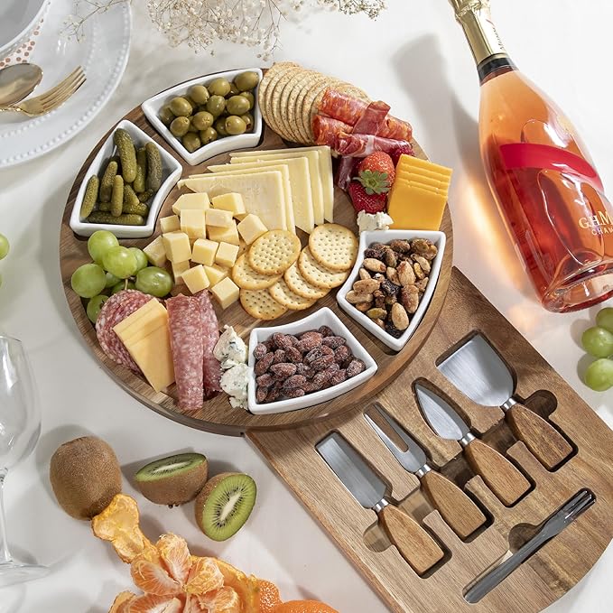 Acacia Cheese Board & Knife Set ??Charcuterie Board with Ceramic Bowls, Slide-Out Drawer & Serving Utensils, Perfect for Entertaining ??Ideal Gift for Weddings, Housewarming & Holidays