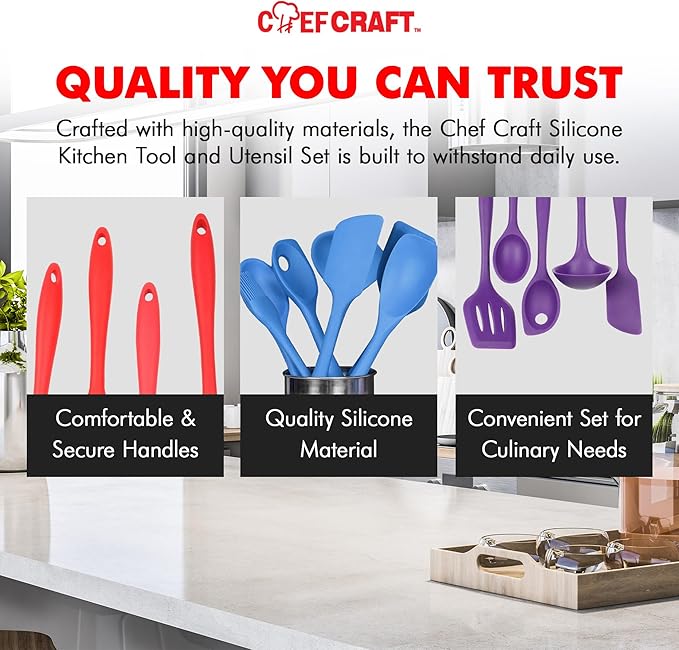 Chef Craft - Premium Silicone Kitchen Tools and Utensils Set, Non-Scratch, Withstands Temperatures up to 450째F, BPA-Free, 5 Piece Cooking Utensils Set, Pink