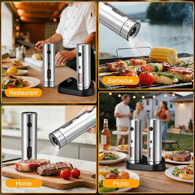 Electric Salt Grinder Set with Rechargeable Base Stainless Steel Grinders with Variable Grinding Speed, External Adjustable Coarseness and White LED Light, Silver