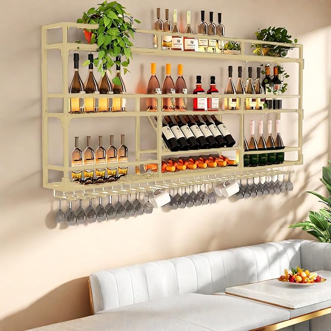 71Inch Metal Wall-Mounted Wine Rack with LED Light, 3 Tier Wine Storage Display Rack with Glass Holder, Space-Saving Bottle and Cup Display Shelf for Home Bars, Dining Rooms, Gold
