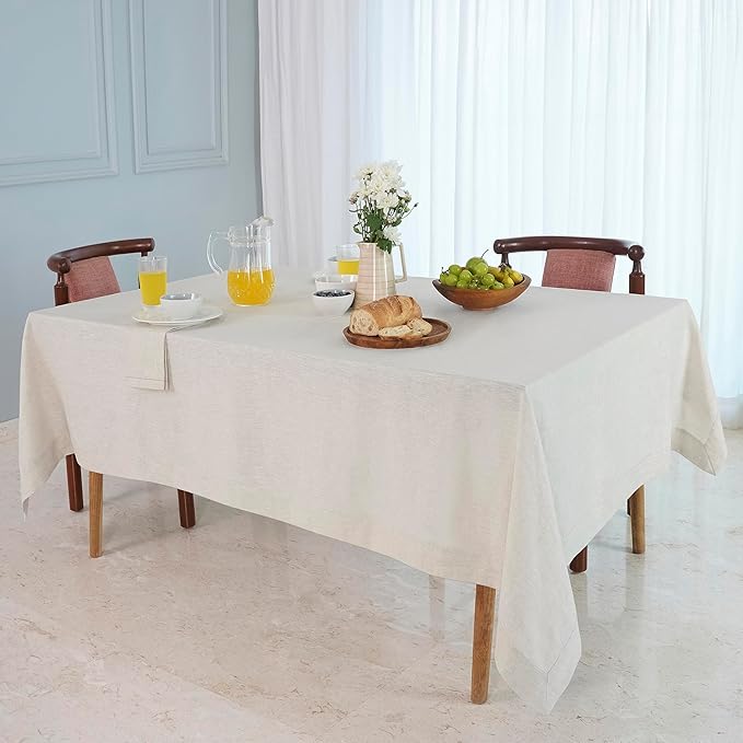 D'Moksha Homes Linen Tablecloth 60 x 90 Inch - 100% Pure Linen Light Natural Tablecloth for Rectangle Tables - Machine Washable Table Cloth for Valentines, Spring, Easter