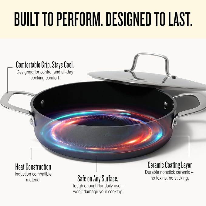 Alva Maestro Cookware Set 3-Piece Set - Nonstick Ceramic Frying Pan and Saute Pan with Lid - Oven Safe, Easy to Clean and Made without PFAS, PFOA & PTFE - Induction and All Stovetop Compatible