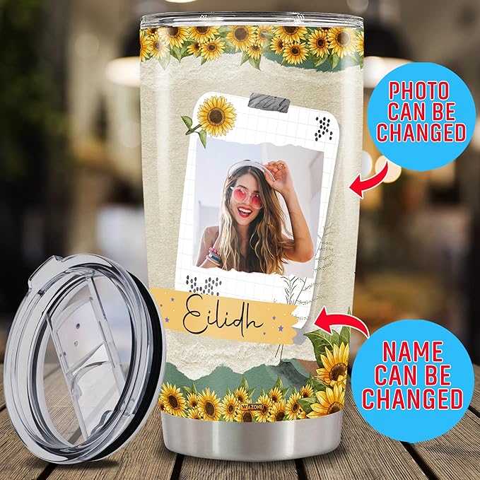 WAZONE Personalized Couples Tumbler With Picture Custom Photo Frame Hot Drink Travel Mugs With Name 20 30 Oz Stainless Mug Cups Gifts For Men Women On Valentine's Day Birthday Anniversary
