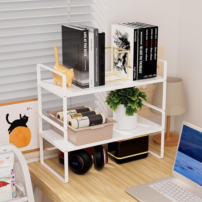 Cabinet Organizer Shelf,Expandable Counter Spice Rack,Stackable Shelf,Adjustable Storage Riser for Kitchen Pantry Countertop Cupboard,White,D:8.07"