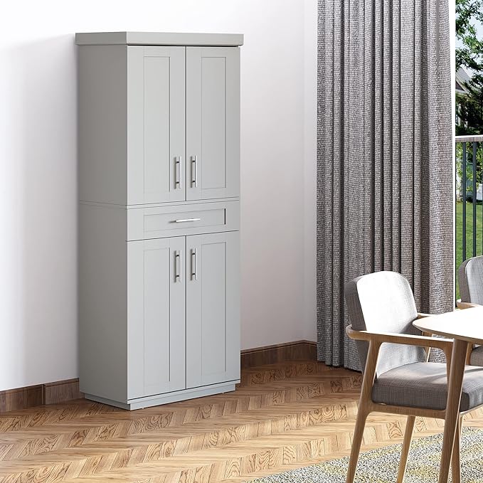 HOMCOM 72" Kitchen Pantry Cabinet, Freestanding Tall Storage Cabinet with 4 Doors, Drawer and 3 Adjustable Shelves for Dining Room, Gray